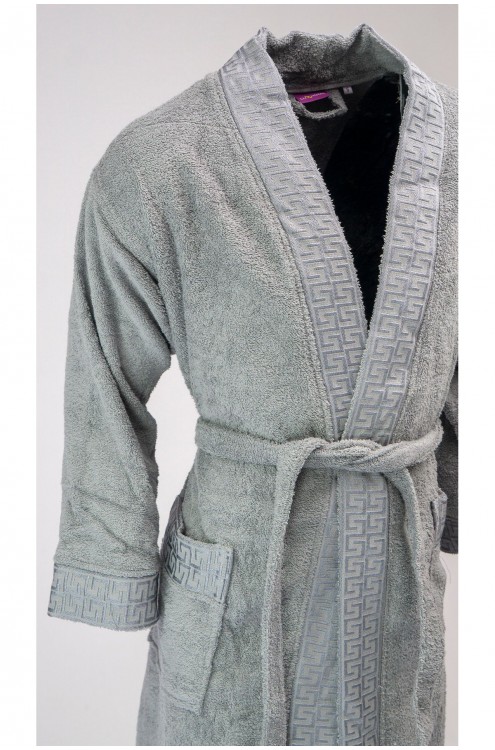 %100 Pamuk Bornoz Bukle Kimono Kontraslı Boydan Mastro Gri (Bu Ürün  L  Bornoz Modelidir)